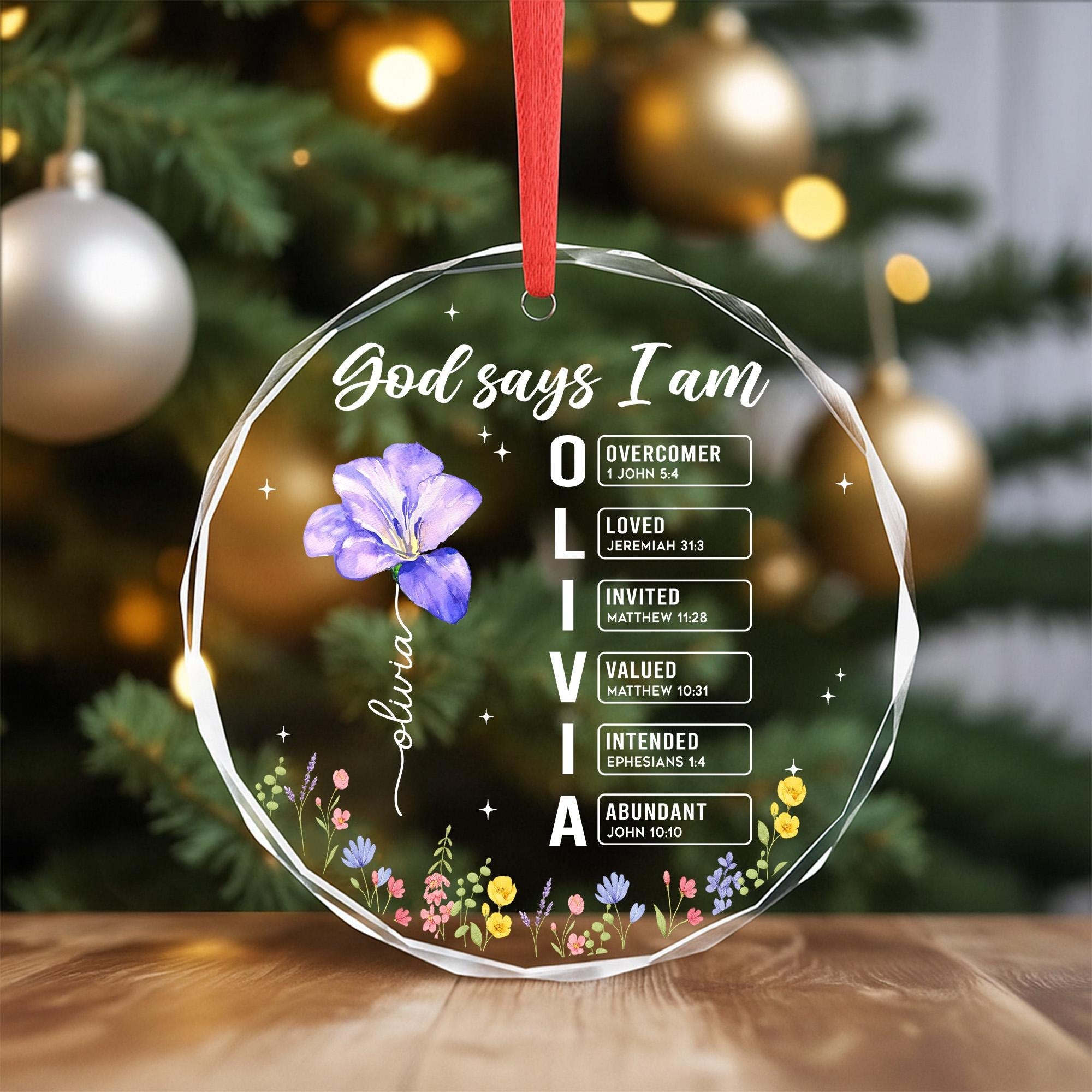 God Says I Am Glass Ornament, Personalized Birth Flower Bible Verse Ornament, Custom Scripture Christian Christmas Ornament, Religious Gift DCLAF48
